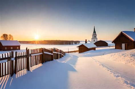 Premium Photo | A snowy landscape with a church in the foreground and a snowy landscape with a ...