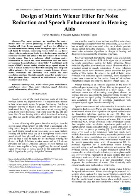 (PDF) Design of matrix wiener filter for noise reduction and speech enhancement in hearing aids