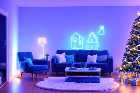 Premium AI Image | A blue couch in a living room with a light up sign ...