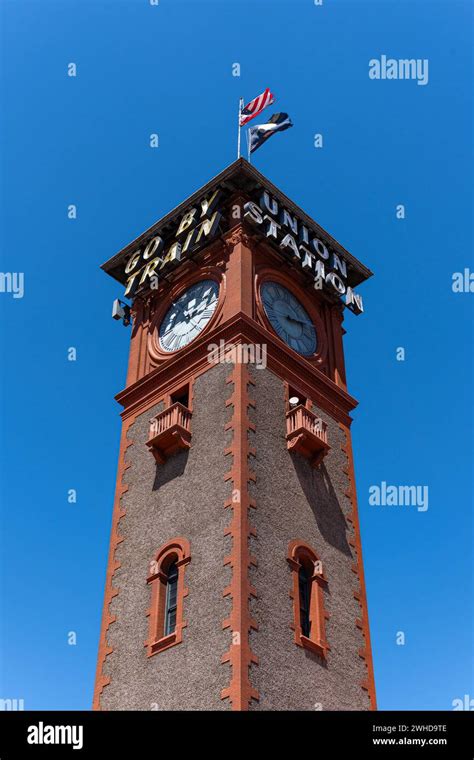 The iconic clock tower at Portland Union Station which is located in ...