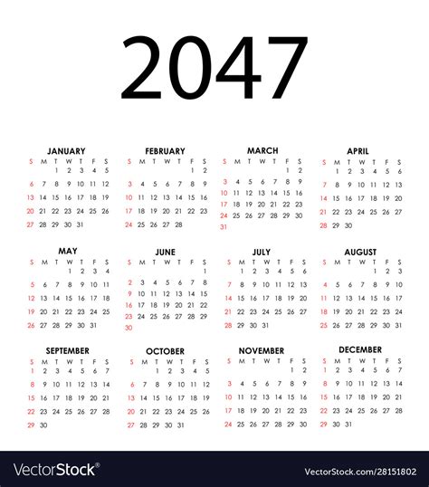 Calendar 2047 Royalty Free Vector Image - VectorStock