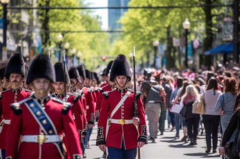 Premium Photo | A parade of soldiers marching down a street with people walking in the background.