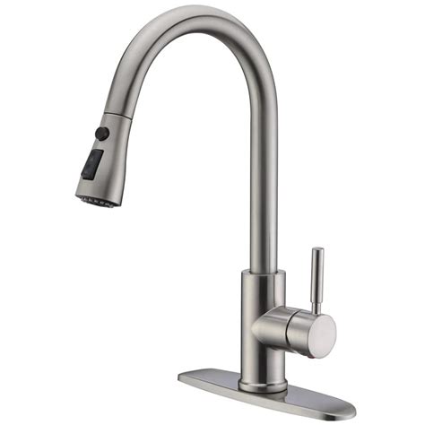 WEWE Single Handle High Arc Brushed Nickel Pull Out Kitchen Faucet,Single Level Stainless Steel ...