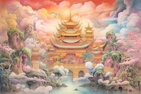 Premium Photo | Painting of a chinese temple in a colorful landscape ...