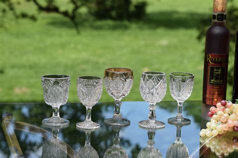 Antique Pressed Glass Wine Glasses, Set of 5 Mis-Matched EPAG Antique Wine Glasses, Elegant ...