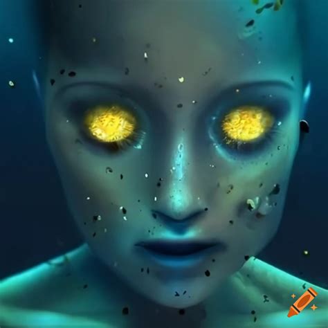 Yellow glowing eyes in underwater depths