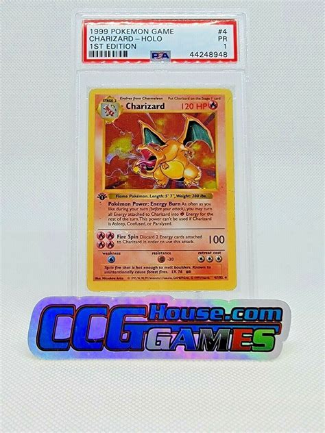 Pokemon Charizard 1st Edition Base Set Shadowless HOLO Foil #4 PSA 1 ...