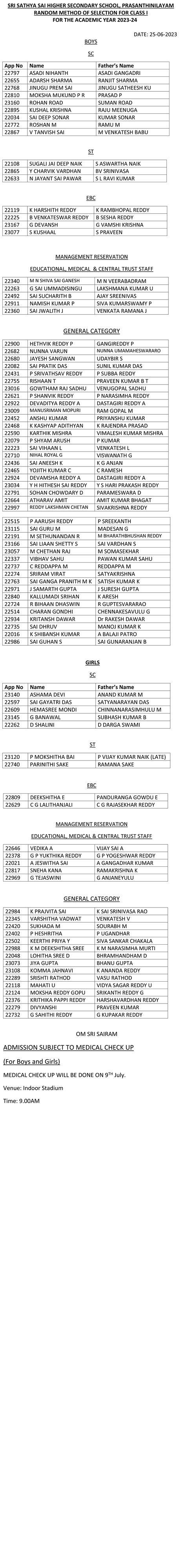 Sri Sathya Sai Higher Secondary School - Class I Selected List 2023-24