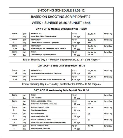 Film Shooting Schedule Template