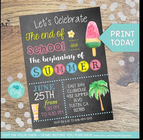 End of School Invitation, Kick off to Summer Party, End of the Year ...