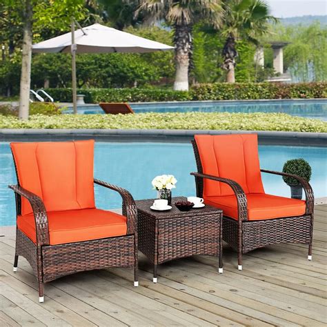Costway Mix Brown 3-Piece Rattan Wicker Outdoor Furniture Patio Conversation Set with Red ...