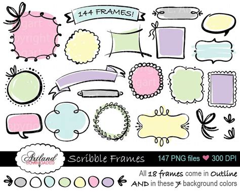 Doodle Scribble Frame Circle Border Instant Download Digital Clipart Black Outline Pastel ...