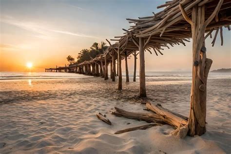 Premium AI Image | A hut on the beach at sunset