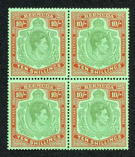 Bermuda SG119c 10/- SUPERB Block (3 x U/M) Cat 300++ Pounds – Mark Bloxham Stamps Ltd