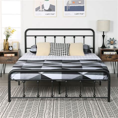 VECELO Metal Queen Platform Bed Frame with Headboard and Footboard, No Box Spring Needed, Black ...