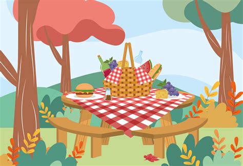 Picnic basket with tablecloth and food on table in park 671837 Vector Art at Vecteezy