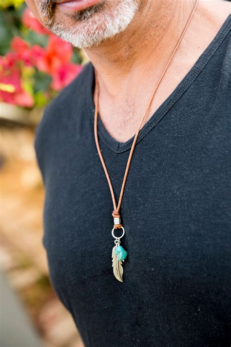 Men's Silver Feather Necklace Unisex Boho Leather Necklace | Etsy