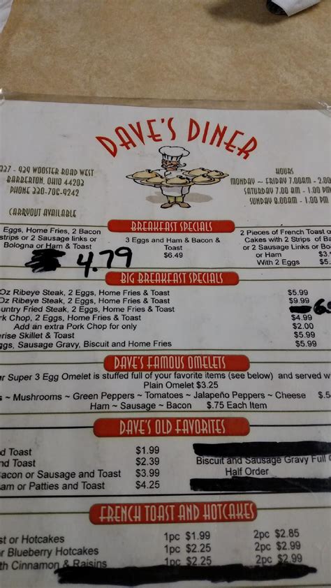 Menu at Dave's Diner restaurant, Barberton