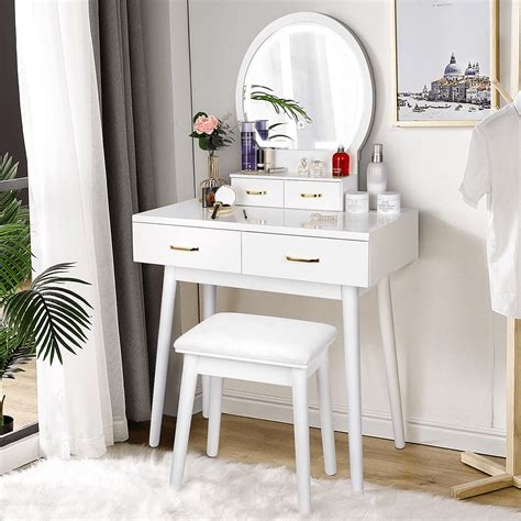 Amzdeal Modern Vanity Set with Lighted Mirror, Bedroom Women Makeup Table with Stool, White ...