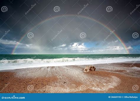 Big Beautiful Rainbow Over Ocean Waves Stock Image - Image of outside ...