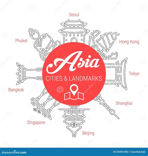 Famous Asian Landmarks. Line Vector Icon Set Stock Illustration ...