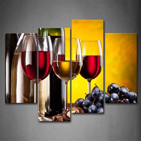 4 Piece Frame Modern Kitchen Canvas Paintings Red Wine Cup Bottle Wall Art Oil Painting Set Bar ...