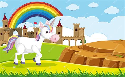 Premium Vector | A unicorn in front of castle