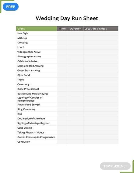 Wedding Day Run Sheet Template Excel ~ Excel Templates