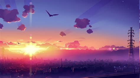 Wallpaper : sunset, anime, purple, sunrise, calm, evening, horizon, dusk, metropolis, cloud ...