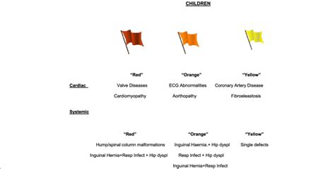 Cardiac and systemic hallmarks/flags (red, orange, yellow) for the ...