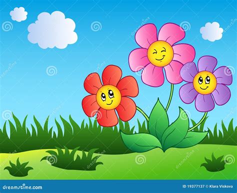 Three Cartoon Flowers On Meadow Cartoon Vector | CartoonDealer.com #19377137