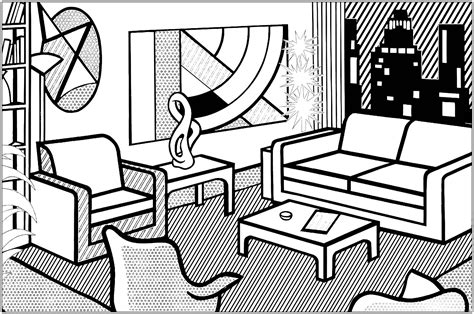 Roy lichtenstein interior with skyline - Pop Art Adult Coloring Pages