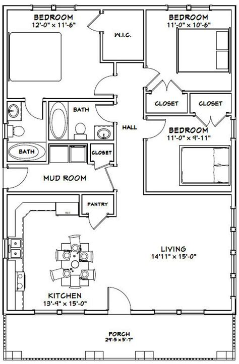 30x40 House 3-bedroom 2-bath 1,200 Sq Ft PDF Floor Plan Instant Download Model 2B - Etsy | 30x40 ...