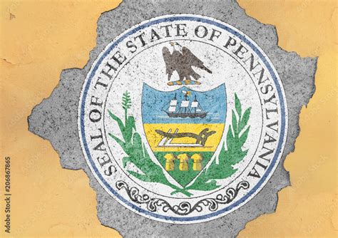 US state Pennsylvania seal flag in big concrete cracked hole and broken ...