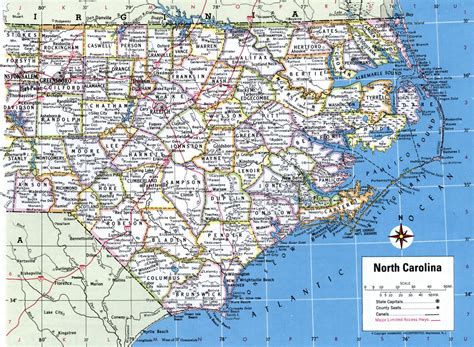 Map of North Carolina showing county with cities,road highways,counties