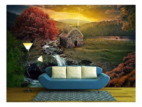 Wall26 Beautiful Nature Scene with Cottage in The Mountains Near a Stream. - Removable Wall ...