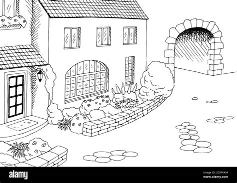 Town old house yard graphic art black white illustration vector Stock Vector Image & Art - Alamy