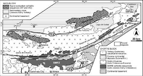 Tectonic sketch of the Rio Motagua area (eastern Guatemala). PFZ ...