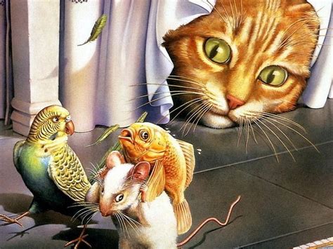 Friends, cat, bird, fish, HD wallpaper | Peakpx