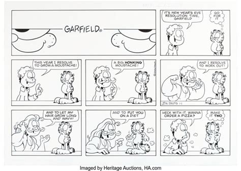 Jim Davis Garfield Sunday New Years Comic Strip Original Art dated 1-1 ...