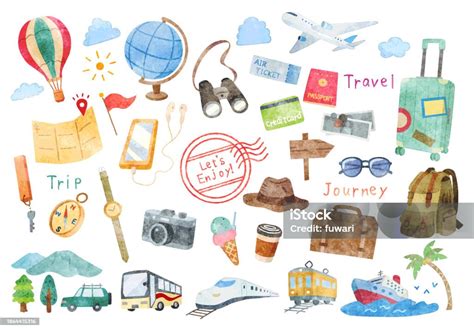 Hand Drawn Watercolor Travel Travel Illustration Set Stock Illustration - Download Image Now ...