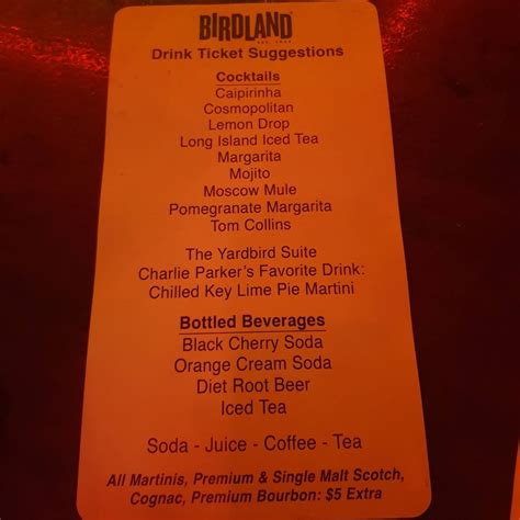 Menu at Birdland Jazz Club, West New York