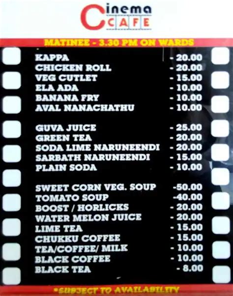 Menu of Cinema Cafe, Kacheripady, Kochi