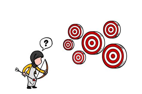 Asian businessman confuse with multiple target. Bad goal setting concept. Cartoon vector ...