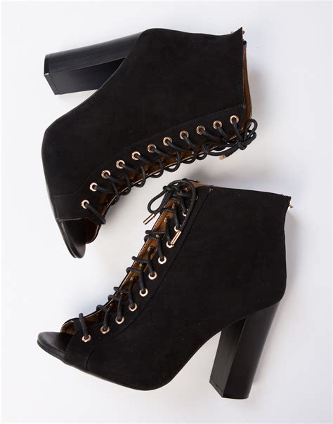 Peep Toe Lace-Up Booties - Black Lace Up Booties - Black Ankle Boots ...