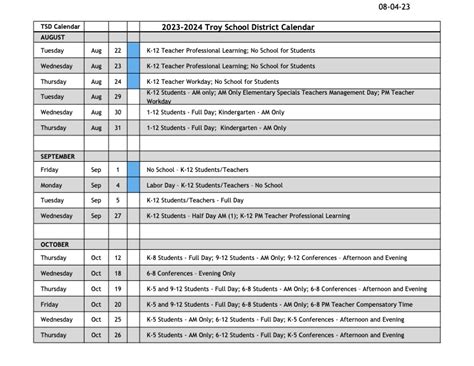 See the Troy School District 2023-2024 Academic Calendar ~ Hustler