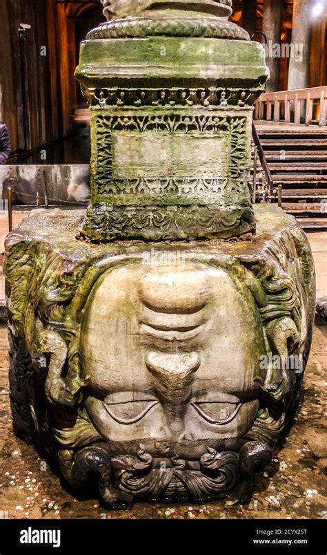 The Column with inverted Medusa head base in Basilica Cistern. Istanbul. Turkey Stock Photo - Alamy