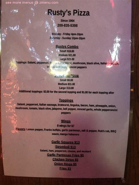 Menu at Rusty's pub & bar, Tracy