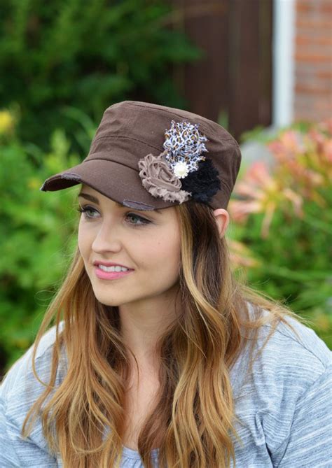 Brown Womens cadet Hat Shabby Chic Flower Hat distressed hat Bling Rhinestone Cadet Cap tan ...