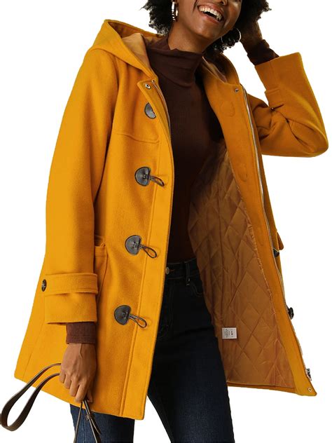 Unique Bargains - Unique Bargains Women's Button Up Hooded Toggle Winter Coat Outwear M Mustard ...